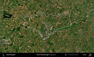 Peterborough şehri. Temmuz 2024 'te çekilen Copernicus Sentinel karolarından oluşan bir uydu görüntüsü üzerinde Birleşik Krallık' ın idari bölgesinin ana hatlarını belirledik.