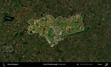 Peterborough şehri. Birleşik Krallık 'ın idari alanı, Temmuz 2024' te çekilen Kopernik Nöbetçi karolarından oluşan koyu renkli bir uydu görüntüsü üzerinde vurgulandı ve özetlendi.