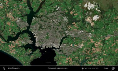 Plymouth. Eylül 2023 'te Copernicus Sentinel karolarından oluşan bir uydu görüntüsü üzerinde Birleşik Krallık' ın idari alanı