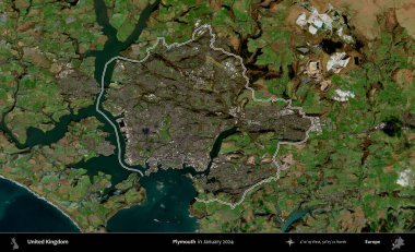 Plymouth. Ocak 2024 'te çekilen Kopernik Nöbetçi karolarından oluşan bir uydu görüntüsü üzerinde Birleşik Krallık' ın idari bölgesinin ana hatlarını belirledik.