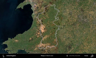 Powys. Mart 2020 'de çekilen Copernicus Sentinel karolarından oluşan bir uydu görüntüsü üzerinde Birleşik Krallık' ın idari bölgesinin ana hatlarını belirledik.
