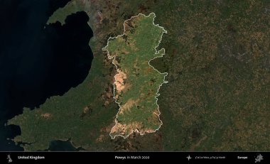 Powys. Birleşik Krallık 'ın idari alanı, Mart 2020' de çekilen Kopernik Nöbetçi karolarından oluşan koyu renkli bir uydu görüntüsü üzerinde vurgulandı ve özetlendi.