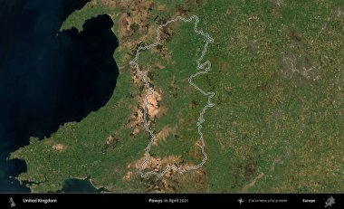 Powys. Nisan 2021 'de çekilen Kopernik Nöbetçi karolarından oluşan bir uydu görüntüsü üzerinde Birleşik Krallık' ın idari bölgesinin ana hatlarını belirledik.