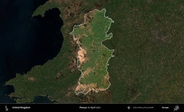 Powys. Birleşik Krallık 'ın idari alanı, Nisan 2021' de çekilen Kopernik Nöbetçi karolarından oluşan koyu renkli bir uydu görüntüsü üzerinde vurgulandı ve özetlendi.
