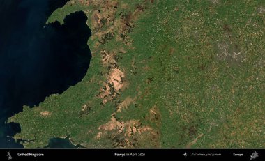 Powys. Nisan 2021 'de çekilen Kopernik Nöbetçi karolarından oluşan bir uydu görüntüsü üzerinde Birleşik Krallık' ın idari alanı