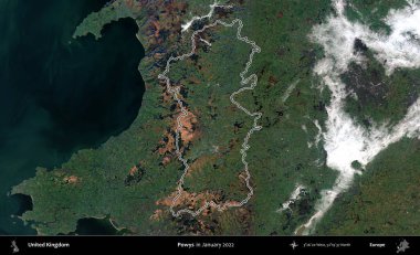 Powys. Ocak 2022 'de çekilen Kopernik Nöbetçi karolarından oluşan bir uydu görüntüsü üzerinde Birleşik Krallık' ın idari alanının ana hatlarını belirledik.