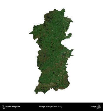 Powys. Birleşik Krallık 'ın idari alanı, Eylül 2023' te çekilen Kopernik Nöbetçi karolarından oluşan bir uydu görüntüsü üzerinde beyaza izole edildi.