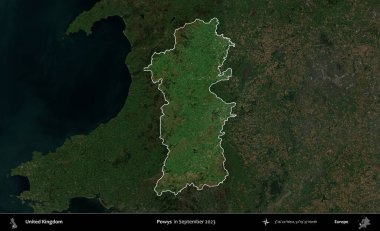 Powys. Birleşik Krallık 'ın idari alanı, Eylül 2023' te çekilen Kopernik Nöbetçi karolarından oluşan koyu renkli bir uydu görüntüsü üzerinde vurgulandı ve özetlendi.