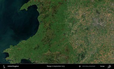 Powys. Eylül 2023 'te Copernicus Sentinel karolarından oluşan bir uydu görüntüsü üzerinde Birleşik Krallık' ın idari alanı