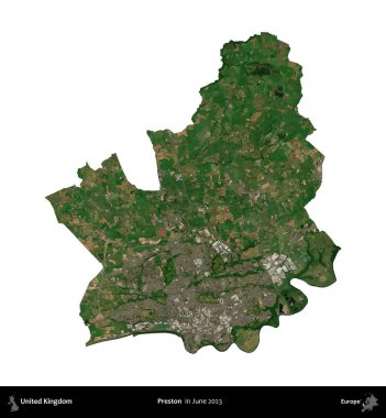 Preston. Birleşik Krallık 'ın idari alanı, Haziran 2023' te çekilen Kopernik Nöbetçi karolarından oluşan bir uydu görüntüsü üzerinde beyaza izole edilmiştir.