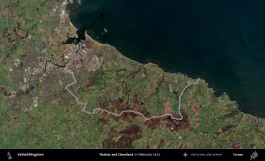 Redcar ve Cleveland. Şubat 2022 'de çekilen Kopernik Nöbetçi karolarından oluşan bir uydu görüntüsü üzerinde Birleşik Krallık' ın idari alanının ana hatlarını belirledik.