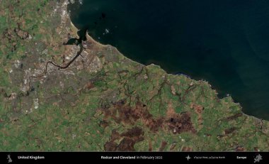 Redcar ve Cleveland. Şubat 2022 'de çekilen Kopernik Nöbetçi karolarından oluşan bir uydu görüntüsü üzerinde Birleşik Krallık' ın idari alanı