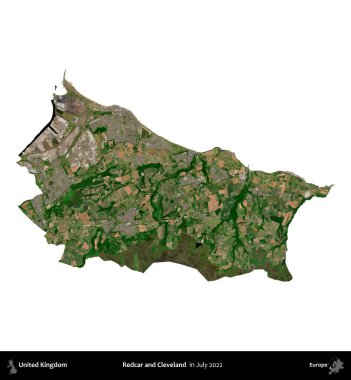 Redcar ve Cleveland. Birleşik Krallık 'ın idari alanı, Temmuz 2022' de çekilen Kopernik Nöbetçi karolarından oluşan bir uydu görüntüsüyle beyaza izole edildi.
