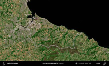Redcar ve Cleveland. Temmuz 2022 'de çekilen Copernicus Sentinel karolarından oluşan bir uydu görüntüsü üzerinde Birleşik Krallık' ın idari bölgesinin ana hatlarını belirledik.