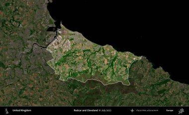 Redcar ve Cleveland. Birleşik Krallık 'ın idari alanı, Temmuz 2022' de çekilen Kopernik Nöbetçi karolarından oluşan koyu renkli bir uydu görüntüsüyle vurgulanmış ve özetlenmiştir.