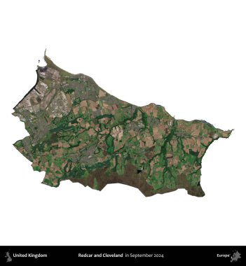 Redcar ve Cleveland. Birleşik Krallık 'ın idari alanı, Eylül 2024' te çekilen Kopernik Nöbetçi karolarından oluşan bir uydu görüntüsü üzerinde beyaza izole edilmiştir.