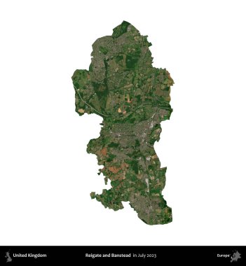Reigate ve Banstead. Birleşik Krallık 'ın idari bölgesi, Temmuz 2023' te çekilen Kopernik Nöbetçi karolarından oluşan bir uydu görüntüsü ile beyaza izole edilmiştir.