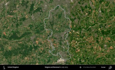 Reigate ve Banstead. Temmuz 2023 'te çekilen Copernicus Sentinel karolarından oluşan bir uydu görüntüsü üzerinde Birleşik Krallık' ın idari bölgesinin ana hatlarını belirledik.