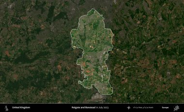 Reigate ve Banstead. Birleşik Krallık 'ın idari alanı, Temmuz 2023' te çekilen Kopernik Nöbetçi karolarından oluşan koyu renkli bir uydu görüntüsüyle vurgulanmış ve özetlenmiştir.