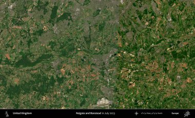 Reigate ve Banstead. Temmuz 2023 'te çekilen Kopernik Nöbetçi karolarından oluşan bir uydu görüntüsü üzerinde Birleşik Krallık' ın idari alanı