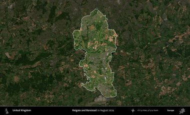 Reigate ve Banstead. Birleşik Krallık 'ın idari alanı, Ağustos 2024' te çekilen Kopernik Nöbetçi karolarından oluşan koyu renkli bir uydu görüntüsü üzerinde vurgulandı ve özetlendi.
