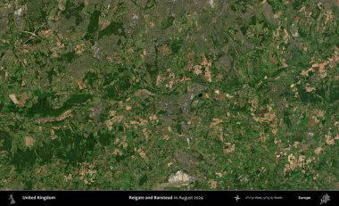 Reigate ve Banstead. Ağustos 2024 'te çekilen Kopernik Nöbetçi karolarından oluşan bir uydu görüntüsü üzerinde Birleşik Krallık' ın idari alanı