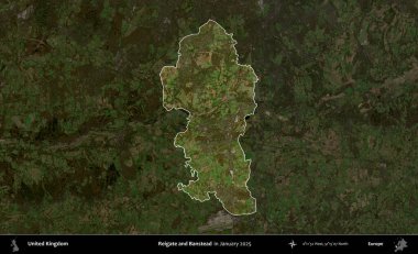 Reigate ve Banstead. Birleşik Krallık 'ın idari alanı, Ocak 2025' te çekilen Kopernik Nöbetçi karolarından oluşan koyu renkli bir uydu görüntüsü üzerinde vurgulandı ve özetlendi.