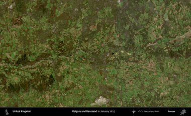 Reigate ve Banstead. Ocak 2025 'te çekilen Kopernik Nöbetçi karolarından oluşan bir uydu görüntüsü üzerinde Birleşik Krallık' ın idari alanı