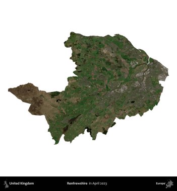 Renfrewshire 'da. Birleşik Krallık 'ın idari alanı, Nisan 2023' te çekilen Kopernik Nöbetçi karolarından oluşan bir uydu görüntüsü üzerinde beyaza izole edilmiştir.