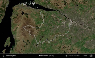 Renfrewshire 'da. Nisan 2023 'te çekilen Kopernik Nöbetçi karolarından oluşan bir uydu görüntüsü üzerinde Birleşik Krallık' ın idari alanının ana hatlarını belirledik.