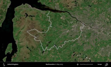 Renfrewshire 'da. Mayıs 2023 'te çekilen Copernicus Sentinel karolarından oluşan bir uydu görüntüsü üzerinde Birleşik Krallık' ın idari alanının ana hatlarını belirledik.