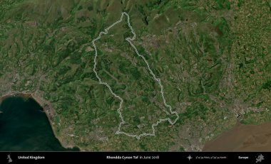 Rhondda Cynon Taf. Haziran 2018 'de çekilen Kopernik Nöbetçi karolarından oluşan bir uydu görüntüsü üzerinde Birleşik Krallık' ın idari alanının ana hatlarını belirledik.