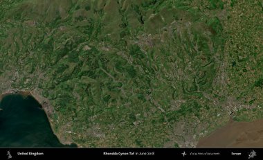 Rhondda Cynon Taf. Haziran 2018 'de çekilen Kopernik Nöbetçi karolarından oluşan bir uydu görüntüsü üzerinde Birleşik Krallık' ın idari alanı