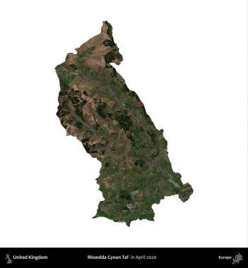 Rhondda Cynon Taf. Birleşik Krallık 'ın idari alanı, Nisan 2020' de çekilen Kopernik Nöbetçi karolarından oluşan bir uydu görüntüsü üzerinde beyaza izole edilmiştir.