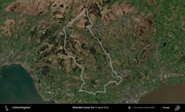 Rhondda Cynon Taf. Nisan 2020 'de çekilen Kopernik Nöbetçi karolarından oluşan bir uydu görüntüsü üzerinde Birleşik Krallık' ın idari alanının ana hatlarını belirledik.