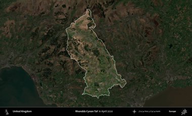 Rhondda Cynon Taf. Birleşik Krallık 'ın idari alanı, Nisan 2020' de çekilen Kopernik Nöbetçi karolarından oluşan koyu renkli bir uydu görüntüsü üzerinde vurgulandı ve özetlendi.