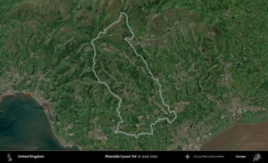 Rhondda Cynon Taf. Haziran 2020 'de çekilen Kopernik Nöbetçi karolarından oluşan bir uydu görüntüsü üzerinde Birleşik Krallık' ın idari alanının ana hatlarını belirledik.