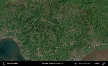 Rhondda Cynon Taf. Haziran 2020 'de çekilen Kopernik Nöbetçi karolarından oluşan bir uydu görüntüsü üzerinde Birleşik Krallık' ın idari alanı