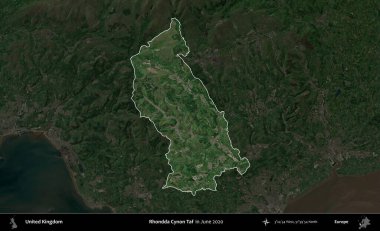 Rhondda Cynon Taf. Birleşik Krallık 'ın idari alanı, Haziran 2020' de çekilen Kopernik Nöbetçi karolarından oluşan koyu renkli bir uydu görüntüsü üzerinde vurgulandı ve özetlendi.