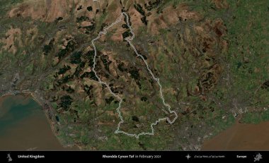 Rhondda Cynon Taf. Şubat 2021 'de çekilen Kopernik Nöbetçi karolarından oluşan bir uydu görüntüsü üzerinde Birleşik Krallık' ın idari alanının ana hatlarını belirledik.