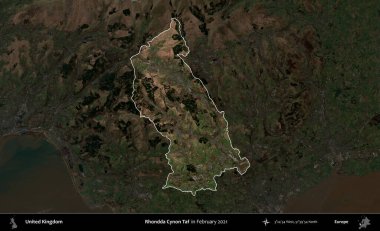 Rhondda Cynon Taf. Birleşik Krallık 'ın idari alanı, Şubat 2021' de çekilen Kopernik Nöbetçi karolarından oluşan koyu renkli bir uydu görüntüsü üzerinde vurgulandı ve özetlendi.