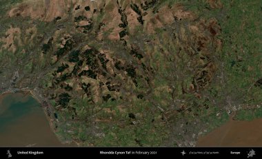 Rhondda Cynon Taf. Kopernik Sentinel 'in Şubat 2021' de çekilmiş uydu görüntüsü üzerine Birleşik Krallık 'ın idari alanı