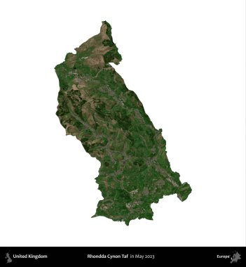 Rhondda Cynon Taf. Birleşik Krallık 'ın idari alanı, Mayıs 2023' te çekilen Kopernik Nöbetçi karolarından oluşan bir uydu görüntüsü üzerinde beyaza izole edilmiştir.