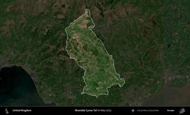 Rhondda Cynon Taf. Birleşik Krallık 'ın idari alanı, Mayıs 2023' te çekilen Kopernik Nöbetçi karolarından oluşan koyu renkli bir uydu görüntüsü üzerinde vurgulandı ve özetlendi.