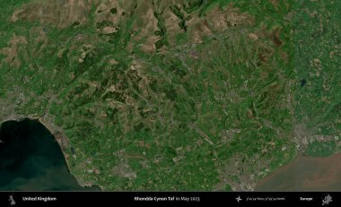 Rhondda Cynon Taf. Mayıs 2023 'te Copernicus Sentinel karolarından oluşan bir uydu görüntüsü üzerinde Birleşik Krallık' ın idari alanı