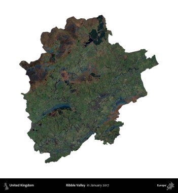 Ribble Vadisi. Birleşik Krallık 'ın idari alanı, Copernicus Sentinel' in Ocak 2017 'de çekilmiş uydu görüntüsü ile beyaza izole edilmiştir.