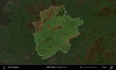 Ribble Vadisi. Birleşik Krallık 'ın idari alanı, Ekim 2021' de çekilen Kopernik Nöbetçi karolarından oluşan koyu renkli bir uydu görüntüsü üzerinde vurgulandı ve özetlendi.