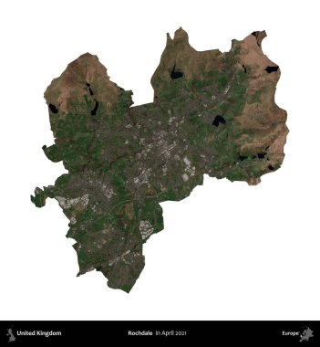 Rochdale 'de. Birleşik Krallık 'ın idari alanı, Nisan 2021' de çekilen Kopernik Nöbetçi karolarından oluşan bir uydu görüntüsü üzerinde beyaza izole edilmiştir.