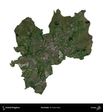 Rochdale 'de. Birleşik Krallık 'ın idari alanı, Haziran 2023' te çekilen Kopernik Nöbetçi karolarından oluşan bir uydu görüntüsü üzerinde beyaza izole edilmiştir.