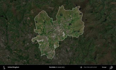 Rochdale 'de. Birleşik Krallık 'ın idari alanı, Haziran 2023' te çekilen Kopernik Nöbetçi karolarından oluşan koyu renkli bir uydu görüntüsüyle vurgulanmış ve özetlenmiştir.